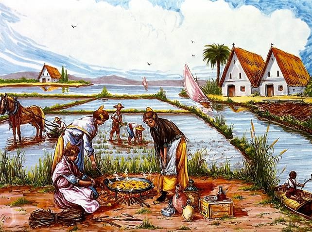 Imagen de campesinos cocinando una de las primeras paellas